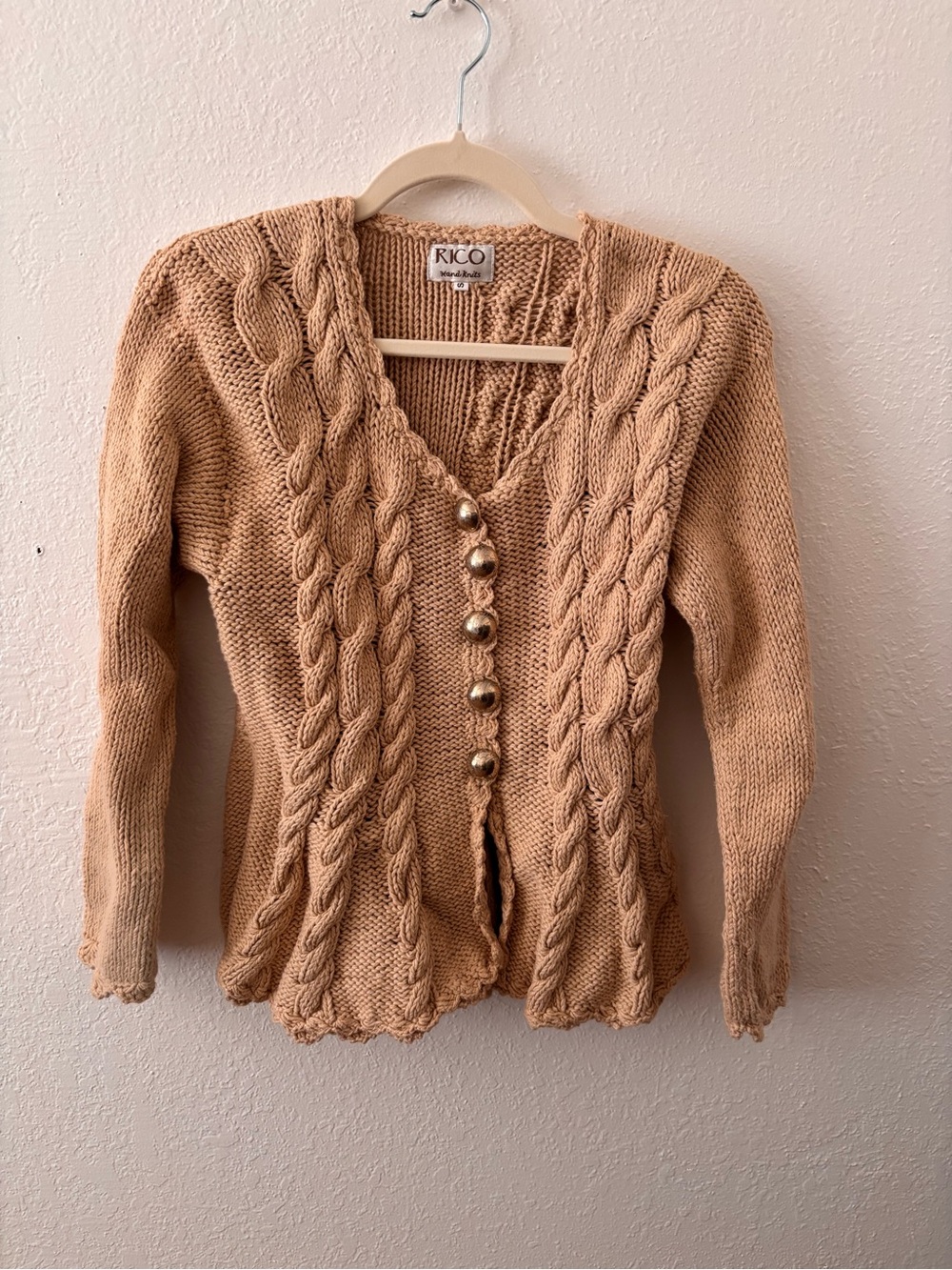 Vintage Hand Cable-Knit Button Cardigan Sweater in Tan